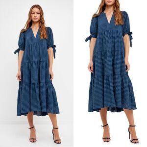ENGLISH FACTORY Gingham Tiered Midi Dress with Bow Tie Sleeves in blue